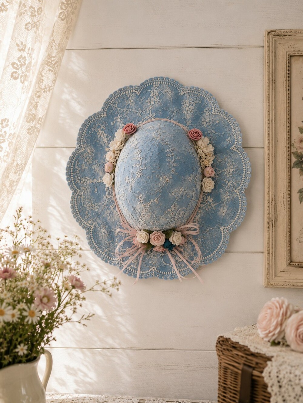 Vintage Ceramic Blue Lace Bonnet Hat Decor with Floral Accents